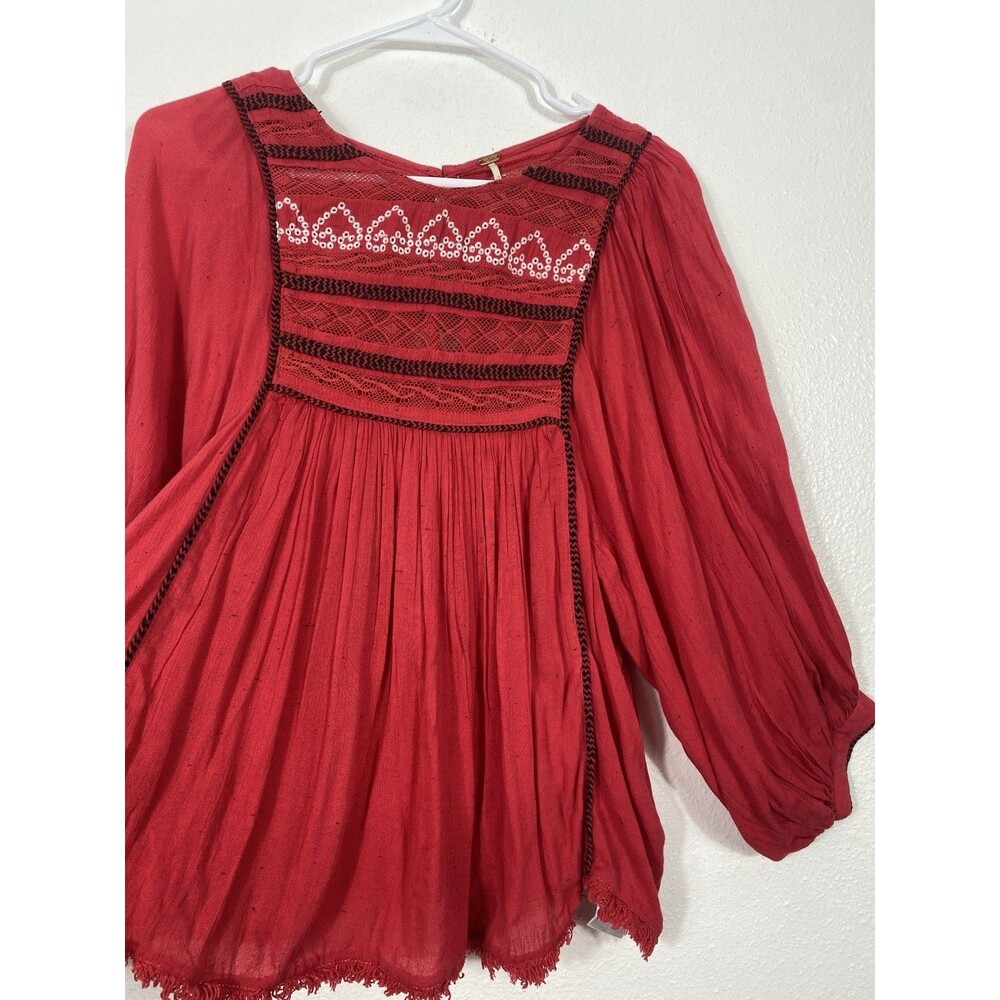 Free People Red Boho Embroidered Lace Peasant Top Women’s Size S/p - Picture 5 of 16
